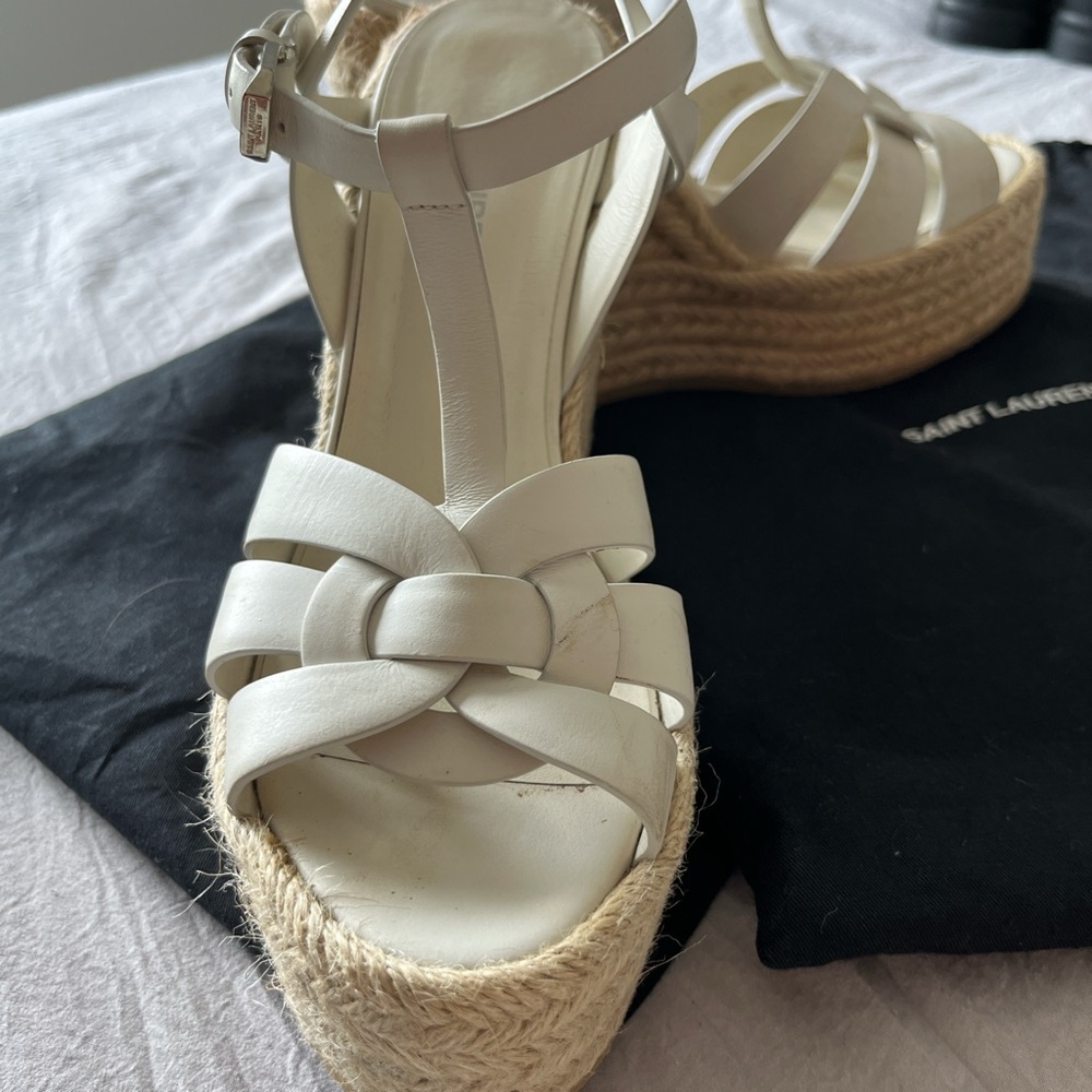 Saint Laurent Cream Espadrille Wedge Sandals